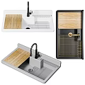 Stylish Black Kitchen Sink With Gold Faucet Wooden Board And Metal Rack