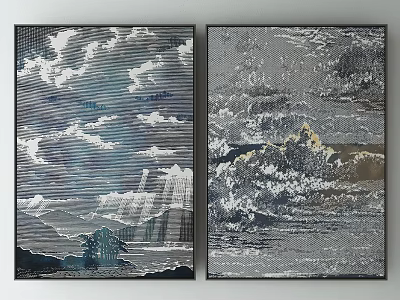Two Panel Decorative Wall Art With Cloud Mountain Wave Textured Design 3d model