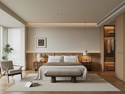 Modern Bedroom Interior With Bed Nightstands Armchair Plant And Wooden Floor 3d model
