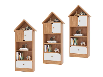House Shaped Wooden Bookshelves With Open Shelves Closed Cabinets And Decorative Items For Home 3d model
