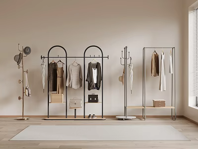 Stylish Modern Clothes Racks In Interior With Hanging Clothes Hats And Bags 3d model