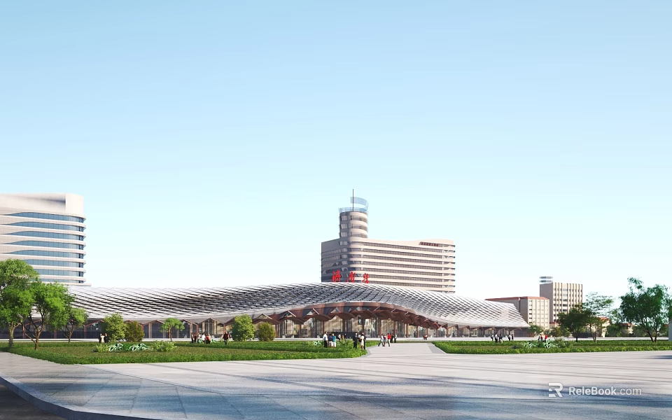 Modern Public Architectural Structure With Unique Latticed Roof Public Square Trees And Pedestrians 3d model 
