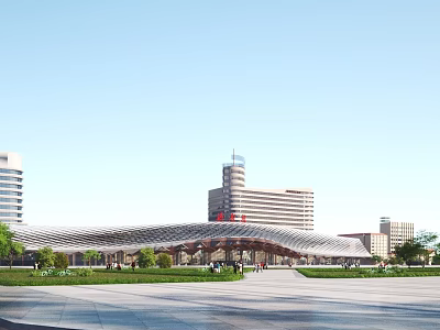 Modern Public Architectural Structure With Unique Latticed Roof Public Square Trees And Pedestrians 3d model