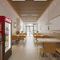 Bright Restaurant Interior With Yellow Chairs White Tables Menu Display And Coca-Cola Sign