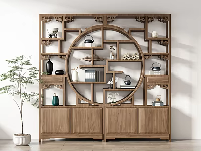 Wooden Bogu Shelf with Circular Design Displaying Vases Teapots Books in Interior Decor 3d model