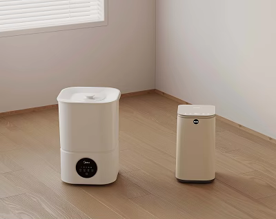 Two White Home Appliances Placed Together On Wooden Floor With White Walls 3d model
