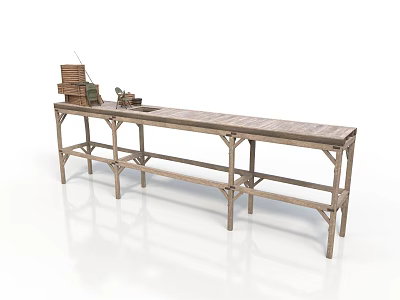 Rustic Vintage Wooden Workbench With Old Tools And Equipment On Top 3d model