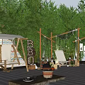 Outdoor Photo Check In Spot With Tent Swing BBQ Sign Lanterns And Striped Floor