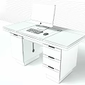 Sturdy Wooden Office Desk With Computer Monitor Keyboard Mouse And Storage Drawers