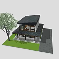 Modern Detached House Featuring Large Glass Windows Dark Roof Porch And Lawn Tree