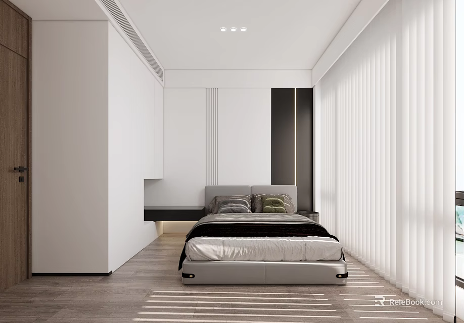 Modern Kids Room Interior Design With Single Bed Wardrobe And Wooden Floor Curtains 3d model 