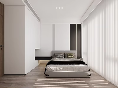 Modern Kids Room Interior Design With Single Bed Wardrobe And Wooden Floor Curtains 3d model