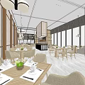 Modern Bright Restaurant Interior With Wooden Tables Comfortable Chairs Hanging Lights And Large Windows