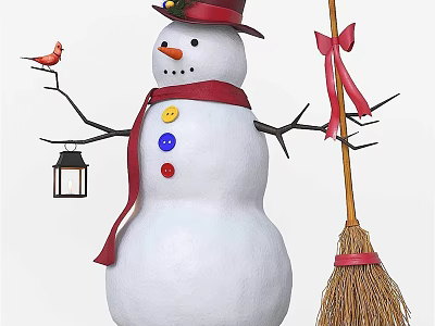 Cute Snowman With Red Scarf Colorful Buttons Red Hat Red Bird Lantern And Broom 3d model