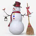 Cute Snowman With Red Scarf Colorful Buttons Red Hat Red Bird Lantern And Broom