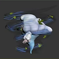 White Haired White Clothed Character Surrounded by Blue Flowing Lines and Yellow Leaves