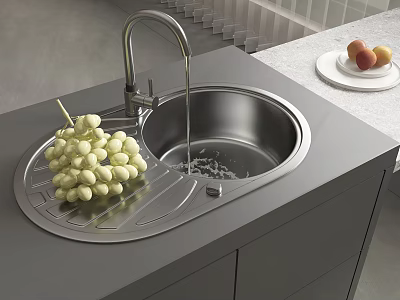 Stainless Steel Kitchen Sink with Running Water Faucet Drainer and Green Grapes on Kitchen Countertop 3d model