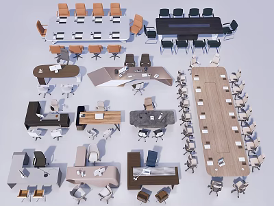 Multiple Office Chair Designs With Matching Desk Setups For Workspace 3d model