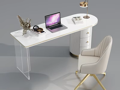 Modern White Desk with Transparent Legs Drawers Laptop Lamp Paired with Beige Chair Gold Legs 3d model