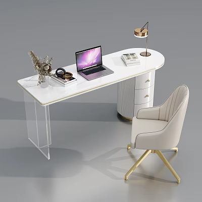 Modern White Desk with Transparent Legs Drawers Laptop Lamp Paired with Beige Chair Gold Legs 3d model