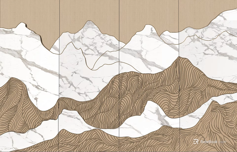 Elegant Sectional Background Wall With Mountain Pattern And Marble Wooden Texture 3d model 