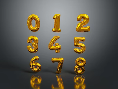 Glossy Golden Numbers Zero to Eight Arranged in Three Rows with Reflections 3d model