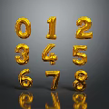 Glossy Golden Numbers Zero to Eight Arranged in Three Rows with Reflections 3d model