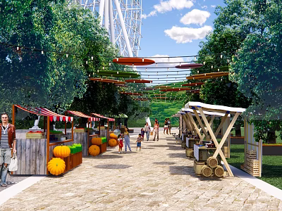 Vibrant Commercial Street with Ferris Wheel Trees Pumpkin Stalls and Pedestrians on Stone Pavement 3d model