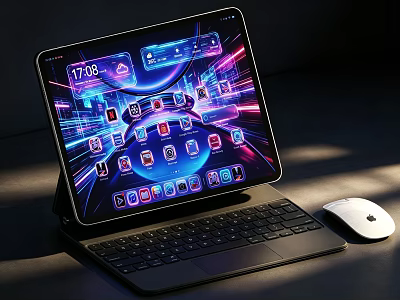 Tablet with Keyboard and Mouse Displaying Multiple Apps on Screen 3d model