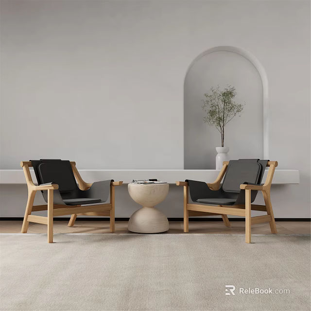 Minimalist Table With Chairs Wooden Frame Black Cushions White Top Arched Niche And Potted Plant 3d model 