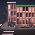 3D Rendered Urban Townhouses Architectural Styles Red Brick Black Fire Escapes Arched Windows Street Elements