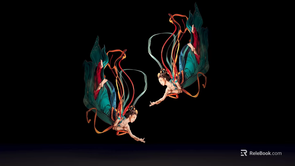 Two Dancers With Green Wings And Colorful Ribbons Flying On Black Background 3d model 