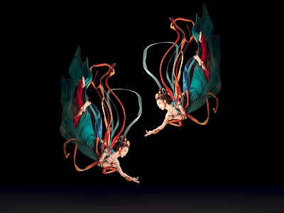 Two Dancers With Green Wings And Colorful Ribbons Flying On Black Background 3d model