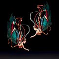 Two Dancers With Green Wings And Colorful Ribbons Flying On Black Background
