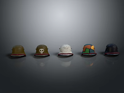 Five Colored Hats With Various Designs And Red Brims On Gray Background 3d model