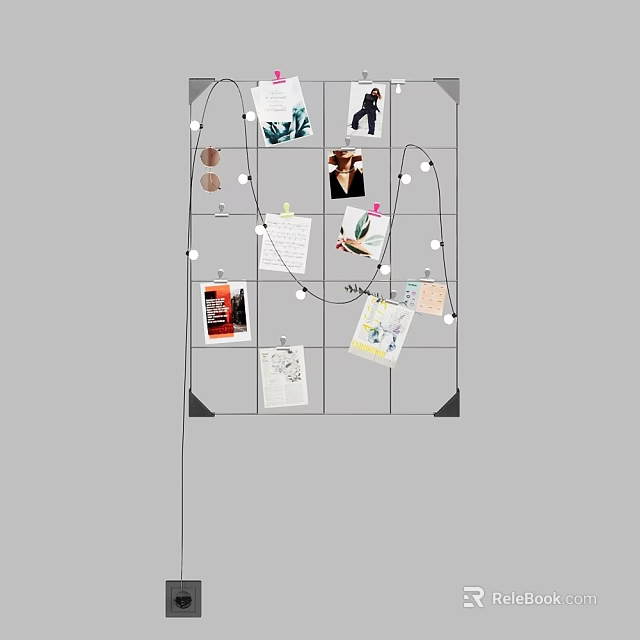 Photo Wall with Grid Frame Displaying Various Photos Images Notes and String Lights Decorations 3d model 