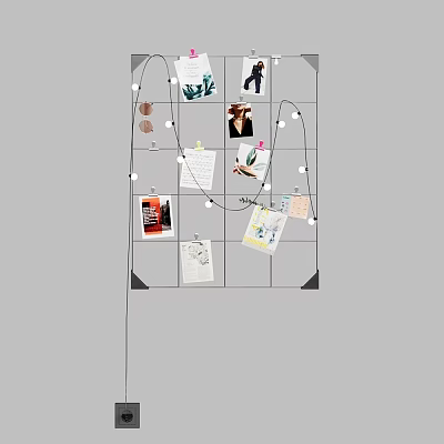 Photo Wall with Grid Frame Displaying Various Photos Images Notes and String Lights Decorations 3d model