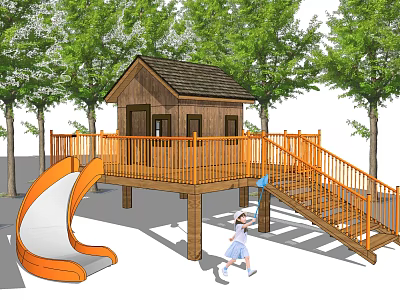 Wooden Outdoor Playhouse With Orange Slide Staircase Trees And Kids Playing 3d model