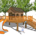 Wooden Outdoor Playhouse With Orange Slide Staircase Trees And Kids Playing