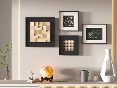 Modern Photo Wall With Black Framed Artworks Geometric Plant And Dot Patterns On Light Wall 3d model