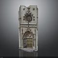 Ancient Gothic Architectural Component With Pointed Arch Rose Window And Carved Wooden Door