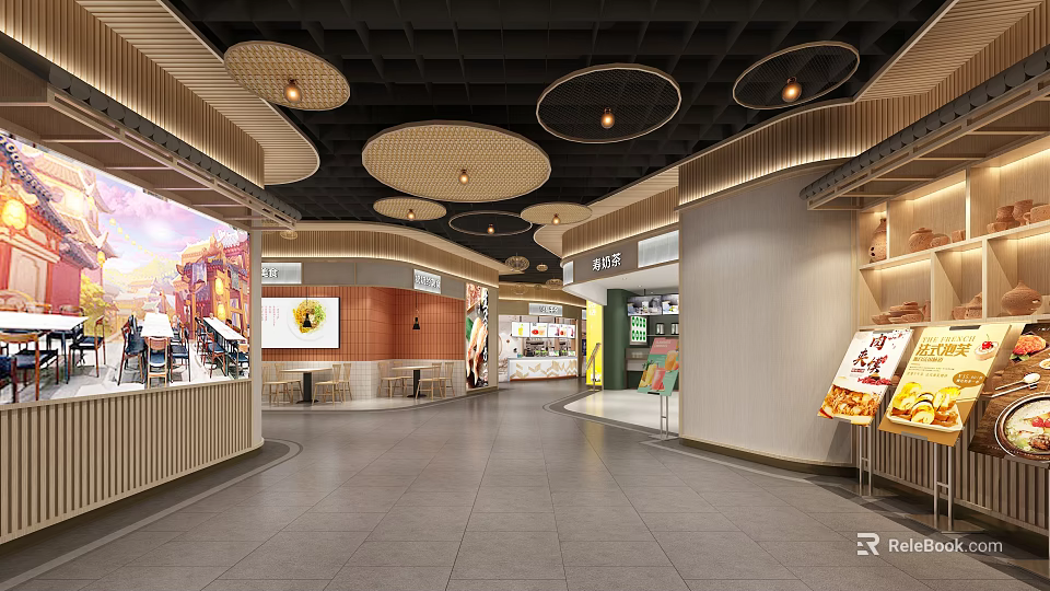 Modern Restaurant Interior Design With Circular Ceiling Lights Open Layout Seating Area And Wall Decor 3d model