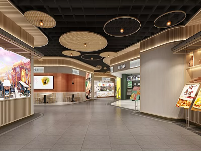 Modern Restaurant Interior Design With Circular Ceiling Lights Open Layout Seating Area And Wall Decor 3d model