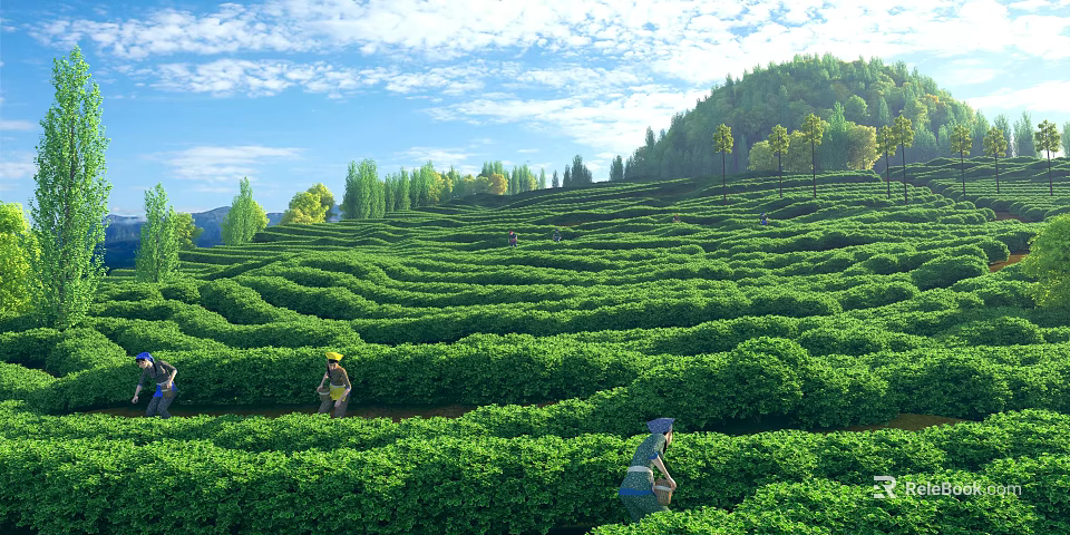 Scenic Tea Plantation Under Blue Sky With Hills And Tea Pickers 3d model 
