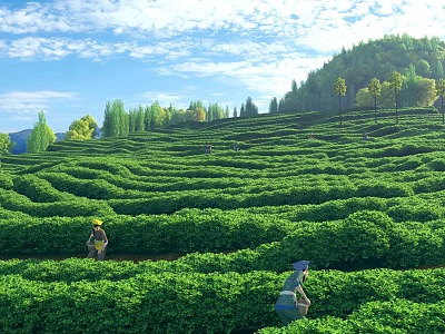Scenic Tea Plantation Under Blue Sky With Hills And Tea Pickers 3d model