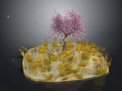 Blooming Pink Flowering Tree On Small Island With Yellow Grass And Falling Petals 3d model