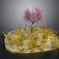 Blooming Pink Flowering Tree On Small Island With Yellow Grass And Falling Petals