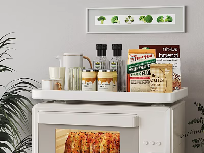 White Kitchen Shelf with Food Containers Jars Bottles and Decor Above Oven 3d model