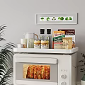 White Kitchen Shelf with Food Containers Jars Bottles and Decor Above Oven