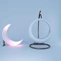 Modern Hanging Lounge Chair with White Circular Design Metal Stand and Crescent Light